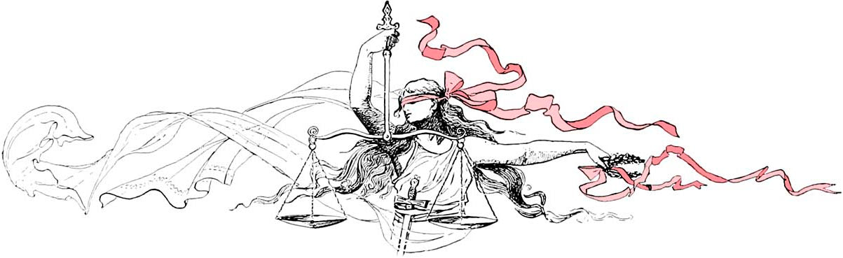 Vintage illustration of blind lady justice holding scales in one hand and a wreath in the other, a sword tucked in her tunic belt. The illustration signifies upholding the law, legal rights, justice.
