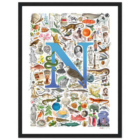 "N is for Nature" — a Renard Roux alphabet poster with English N words (blue version)