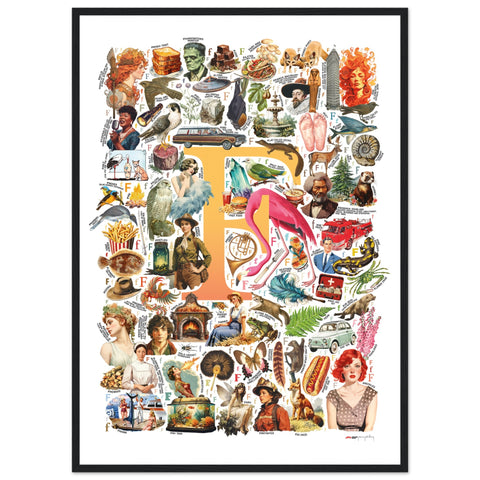 "F is for Festive" — a Renard Roux alphabet poster with English F words (yellow version)