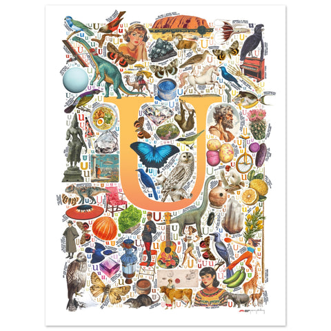 "U is for Unique" — a Renard Roux alphabet poster with English U words (yellow version)