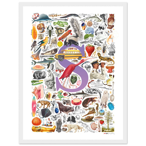 "S is for Surprise" — a Renard Roux alphabet poster with English S words (purple version)