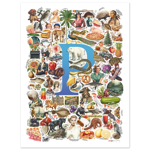 "P is for Pioneer" — a Renard Roux alphabet poster with English P words (blue version)