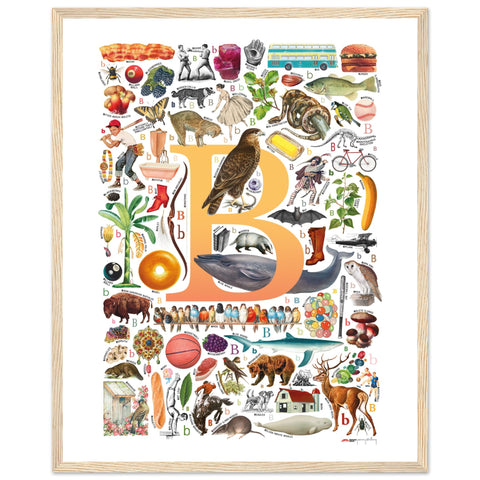 "B is for Brave" — a Renard Roux alphabet poster with English B words (yellow version)