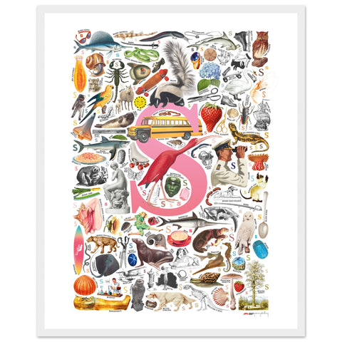 "S is for Surprise" — a Renard Roux alphabet poster with English S words (pink version)