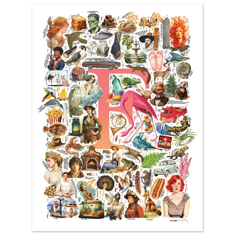 "F is for Festive" — a Renard Roux alphabet poster with English F words (red version)