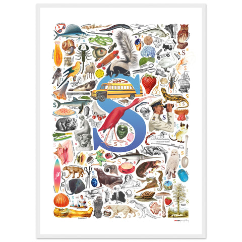 "S is for Surprise" — a Renard Roux alphabet poster with English S words (blue version)