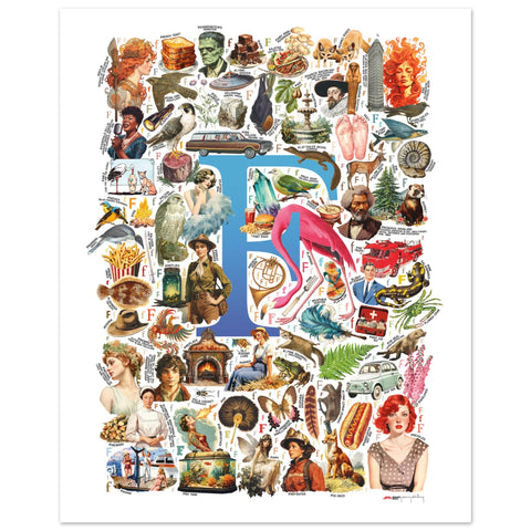 "F is for Festive" — a Renard Roux alphabet poster with English F words (blue version)