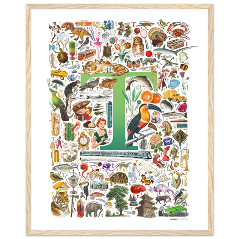 "T is for Treasure" — a Renard Roux alphabet poster with English T words (green version)