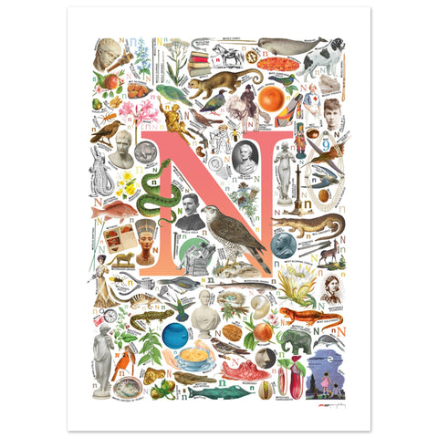"N is for Nature" — a Renard Roux alphabet poster with English N words (red version)