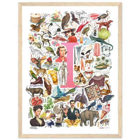 "I is for Imagination" — a Renard Roux alphabet poster with English I words (pink version)