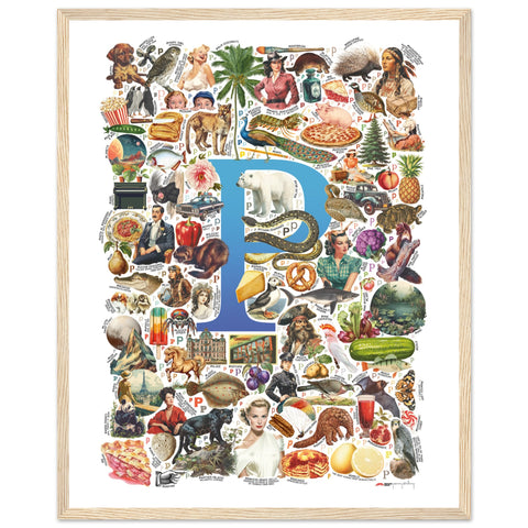 "P is for Pioneer" — a Renard Roux alphabet poster with English P words (blue version)