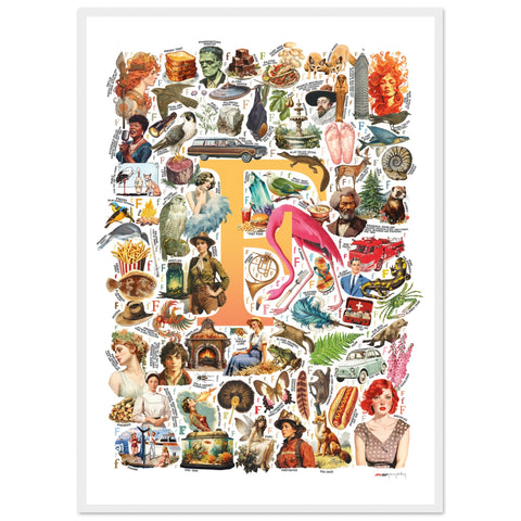 "F is for Festive" — a Renard Roux alphabet poster with English F words (yellow version)