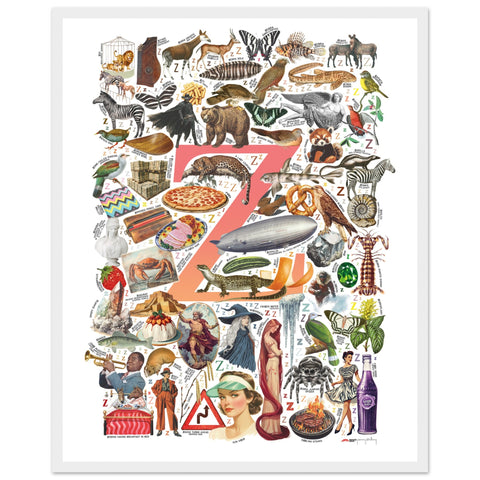 "Z is for Zenith" — a Renard Roux alphabet poster with English Z words (red version)
