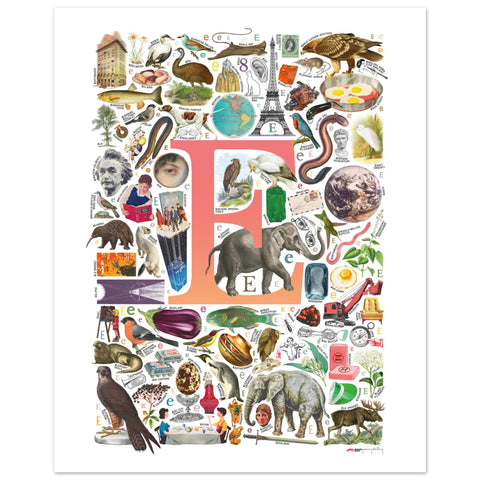 "E is for Explore" — a Renard Roux alphabet poster with English E words (red version)