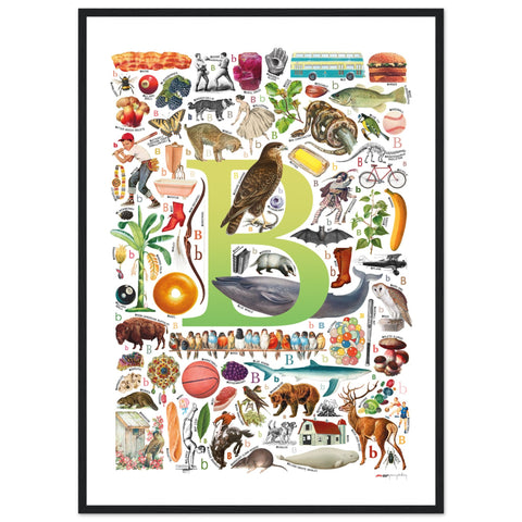 "B is for Brave" — a Renard Roux alphabet poster with English B words (chartreuse version)