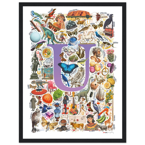 "U is for Unique" — a Renard Roux alphabet poster with English U words (purple version)