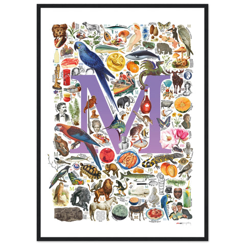 "M is for Magical" — a Renard Roux alphabet poster with English M words (purple version)