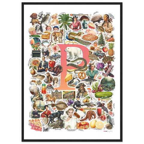 "P is for Pioneer" — a Renard Roux alphabet poster with English P words (red version)