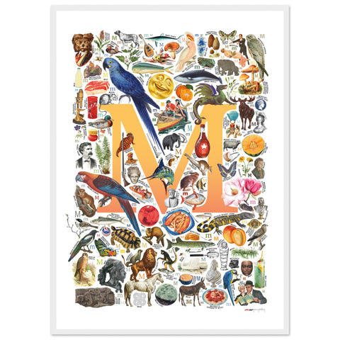 "M is for Magical" — a Renard Roux alphabet poster with English M words (yellow version)