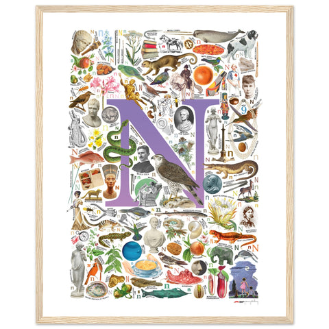 "N is for Nature" — a Renard Roux alphabet poster with English N words (purple version)