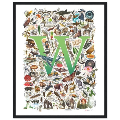 "W is for Wonder" — a Renard Roux alphabet poster with English W words (green version)