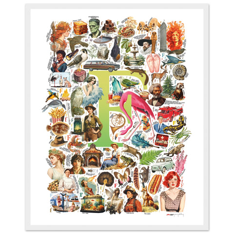 "F is for Festive" — a Renard Roux alphabet poster with English F words (chartreuse version)