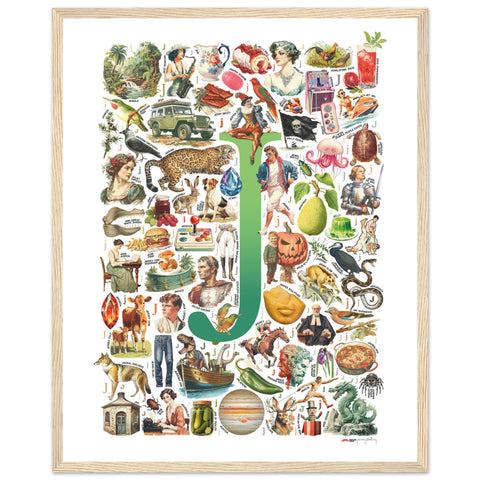 "J is for Journey" — a Renard Roux alphabet poster with English J words (green version)