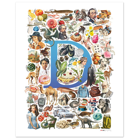 "D is for Discovery" — a Renard Roux alphabet poster with English D words (blue version)