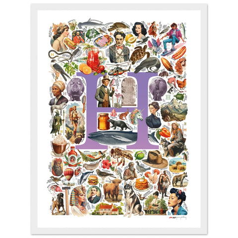"H is for Heroes" — a Renard Roux alphabet poster with English H words (purple version)