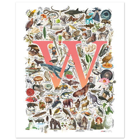 "W is for Wonder" — a Renard Roux alphabet poster with English W words (red version)