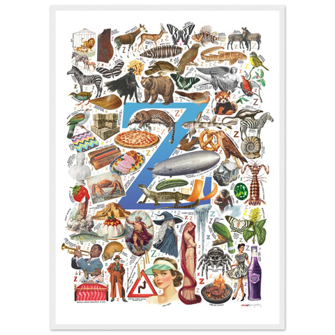 "Z is for Zenith" — a Renard Roux alphabet poster with English Z words (blue version)
