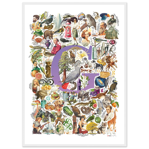 "G is for Great" — a Renard Roux alphabet poster with English G words (purple version)
