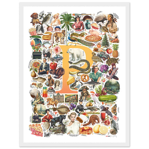 "P is for Pioneer" — a Renard Roux alphabet poster with English P words (yellow version)
