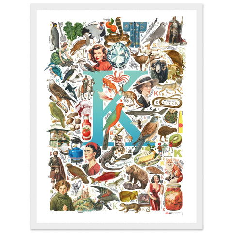 "K is for Keen" — a Renard Roux alphabet poster with English K words (turquoise version)