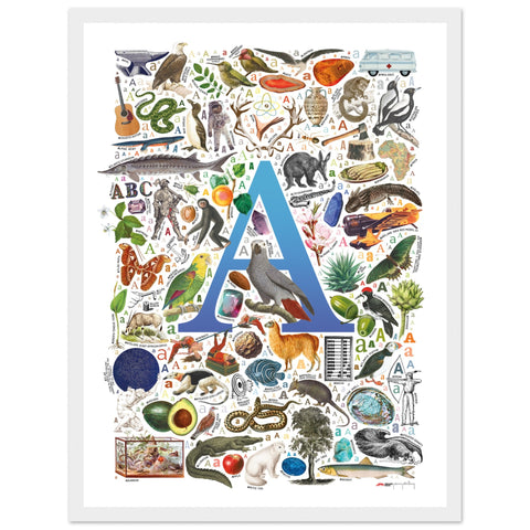 "A is for Adventure" — a Renard Roux alphabet poster with English A words (blue version)