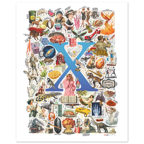 "X is for Xanadu" — a Renard Roux alphabet poster with English X words (blue version)