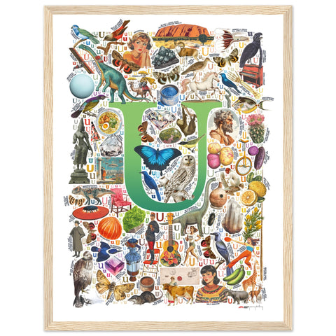 "U is for Unique" — a Renard Roux alphabet poster with English U words (green version)