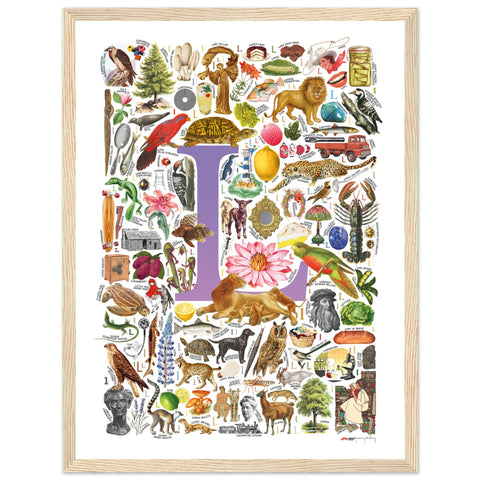 "L is for Learning" — a Renard Roux alphabet poster with English L words (purple version)