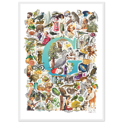 "G is for Great" — a Renard Roux alphabet poster with English G words (turquoise version)