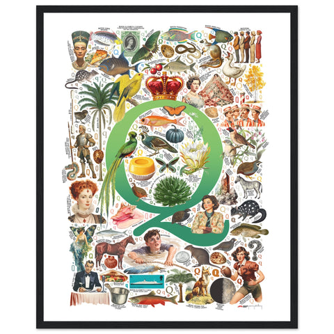 "Q is for Quest" — a Renard Roux alphabet poster with English Q words (green version)