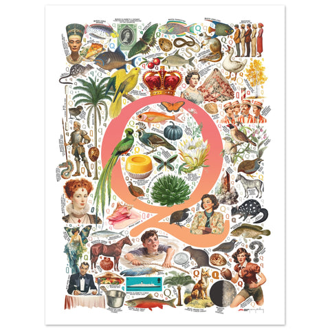 "Q is for Quest" — a Renard Roux alphabet poster with English Q words (red version)