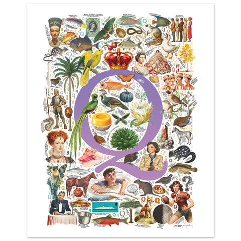 "Q is for Quest" — a Renard Roux alphabet poster with English Q words (purple version)