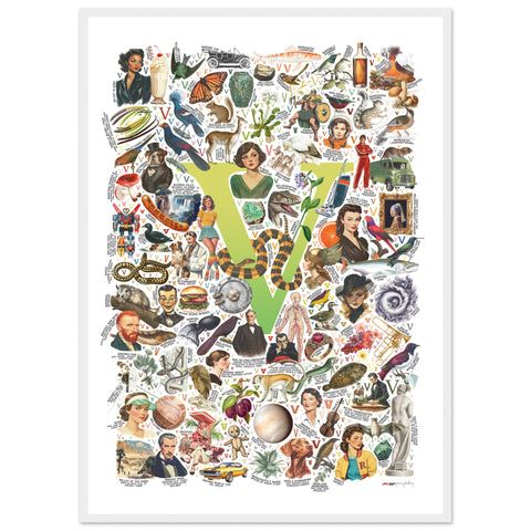 "V is for Voyage" — a Renard Roux alphabet poster with English V words (chartreuse version)