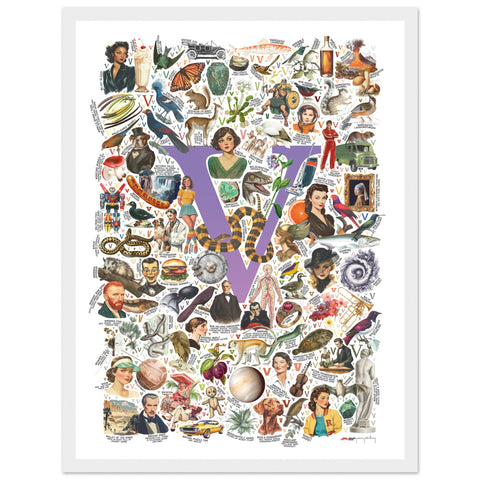 "V is for Voyage" — a Renard Roux alphabet poster with English V words (purple version)