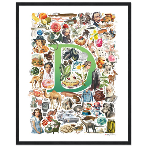 "D is for Discovery" — a Renard Roux alphabet poster with English D words (green version)