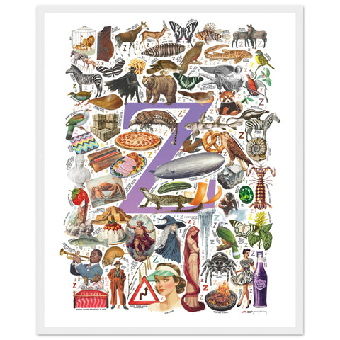 "Z is for Zenith" — a Renard Roux alphabet poster with English Z words (purple version)
