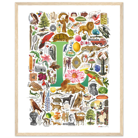 "L is for Learning" — a Renard Roux alphabet poster with English L words (green version)