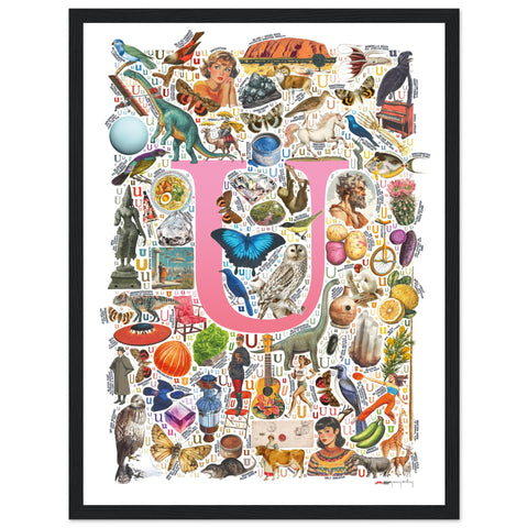 "U is for Unique" — a Renard Roux alphabet poster with English U words (pink version)