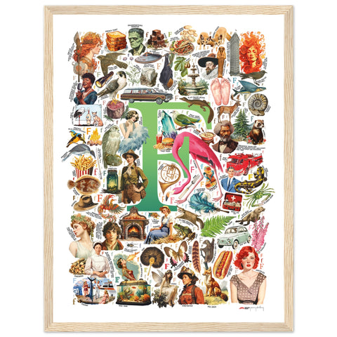 "F is for Festive" — a Renard Roux alphabet poster with English F words (green version)