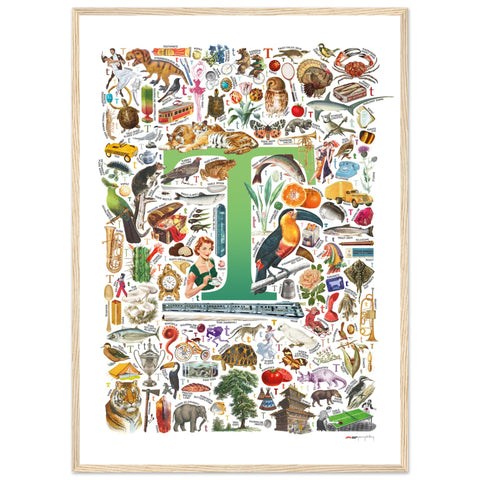 "T is for Treasure" — a Renard Roux alphabet poster with English T words (green version)